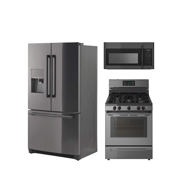 A collage of kitchen appliances in black stainless steel