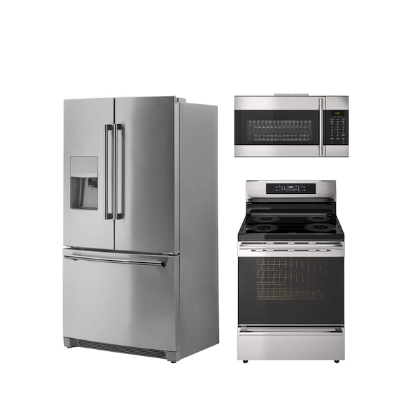 A collection of stainless steel appliances against a white background including a fridge, range and microwave.
