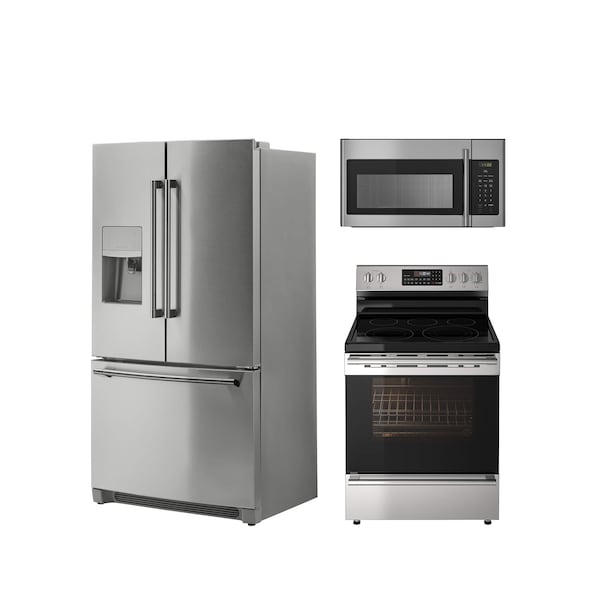 A collection of stainless steel appliances including a fridge, oven and microwave against a white background.