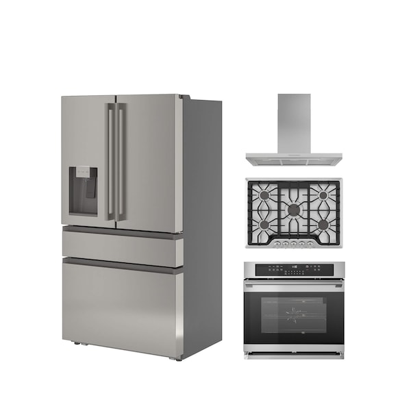 A collection of stainless steel appliances including a large fridge, oven and range hood against a white background.
