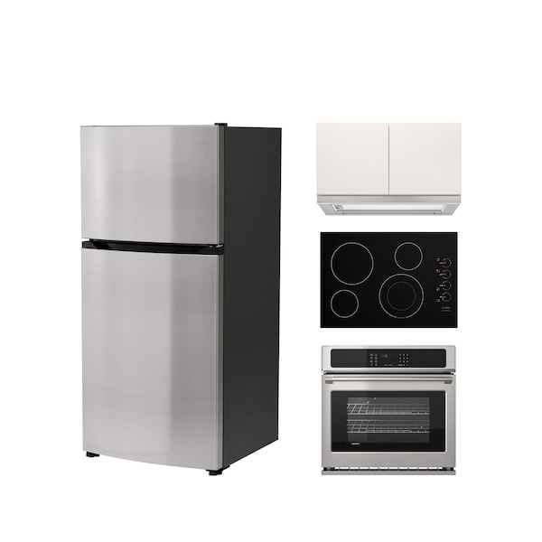 A collection of stainless steel appliances including a one-door fridge, oven, cooktop and hood against a white background.