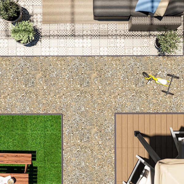 A garden terrace with different types of flooring, including MÄLLSTEN decking with plants and an armchair on it.