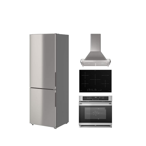 A selection of stainless steel appliances against a white background including a fridge, oven, and range hood.