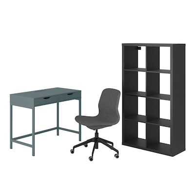 ALEX/LÅNGFJÄLL / KALLAX Desk and storage combination, and swivel chair gray-turquoise/black