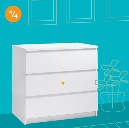 An illustrated white dresser on a blue wall with an arrow pointing to the middle of the dresser