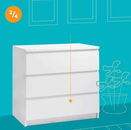 An illustrated white dresser on a blue wall with an arrow pointing to the bottom of the dresser