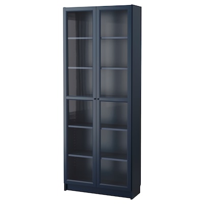 BILLY Bookcase with glass doors, dark blue, 31 1/2x11 3/4x79 1/2 "