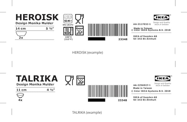 Black and white packaging labels for HEROISK and TALRIKA products showing the IKEA logo and other product information.