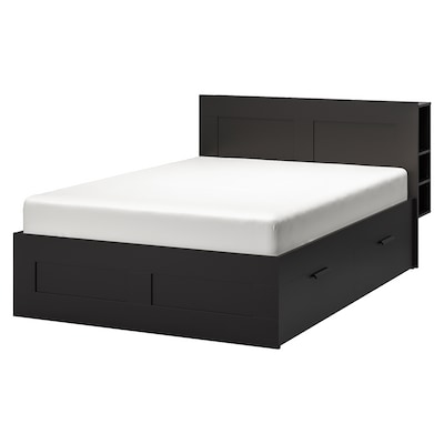 BRIMNES Bed frame with storage & headboard, black/Luröy, Queen