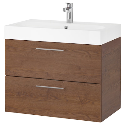 GODMORGON / BRÅVIKEN Sink cabinet with 2 drawers, brown stained ash effect/Brogrund faucet, 31 1/2x18 7/8x26 3/4 "