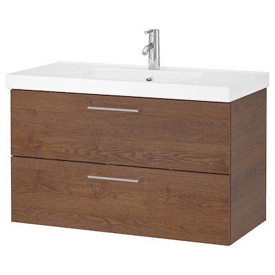 GODMORGON / ODENSVIK Sink cabinet with 2 drawers, brown stained ash effect/Dalskär faucet, 40 1/2x19 1/4x25 1/4 "