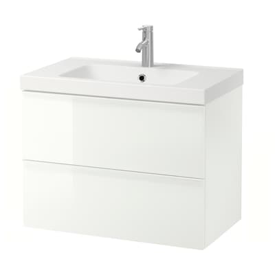 GODMORGON / ODENSVIK Sink cabinet with 2 drawers, high gloss white/Dalskär faucet, 32 5/8x19 1/4x25 1/4 "