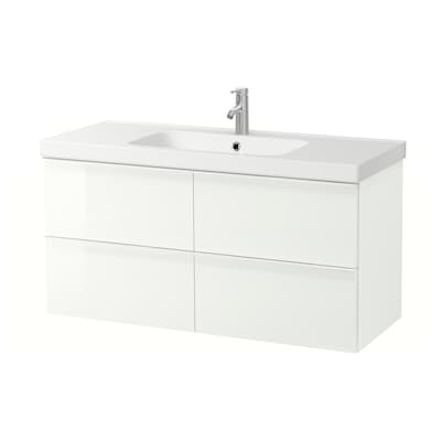 GODMORGON / ODENSVIK Sink cabinet with 4 drawers, high gloss white/Dalskär faucet, 48 3/8x19 1/4x25 1/4 "