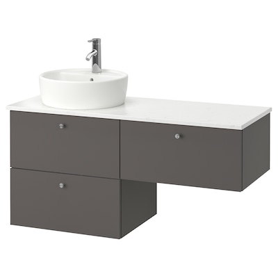 GODMORGON/TOLKEN / TÖRNVIKEN Sink cabinet with 3 drawers, Gillburen dark gray/marble effect Dalskär faucet, 48x19 1/4x29 1/8 "