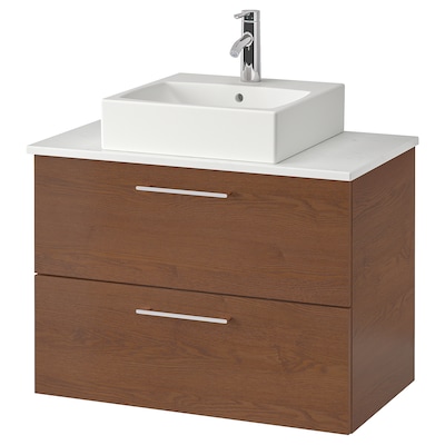 GODMORGON/TOLKEN / TÖRNVIKEN Vanity, countertop and 17 3/4" sink, brown stained ash effect/marble effect Dalskär faucet, 32 1/4x19 1/4x28 3/8 "