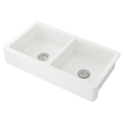 HAVSEN Apron front double bowl sink, white, 37x19 "