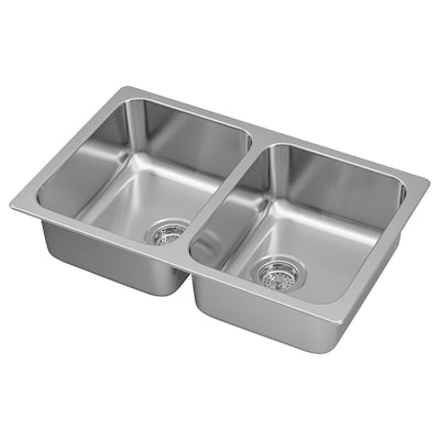 HILLESJÖN Double bowl top mount sink, stainless steel, 29 1/2x18 1/8 "