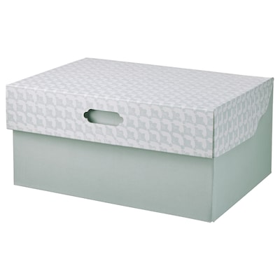 HYVENS Storage box with lid, gray-green white/paper, 13x9x6 "