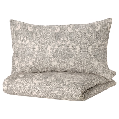 JÄTTEVALLMO Duvet cover and pillowcase(s), beige/dark gray, Full/Queen (Double/Queen)