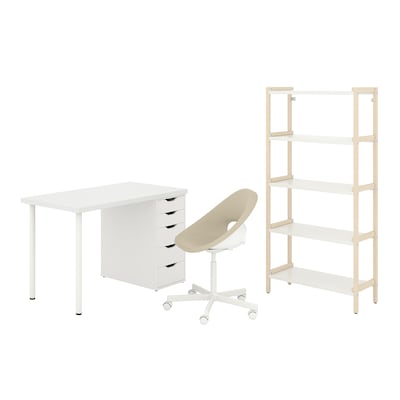 LAGKAPTEN/ELDBERGET / EKENABBEN Desk and storage combination, and swivel chair beige/white