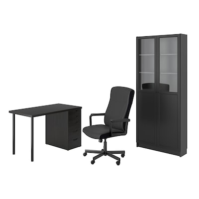 LAGKAPTEN/MILLBERGET / BILLY/OXBERG Desk and storage combination, and swivel chair black-brown/black