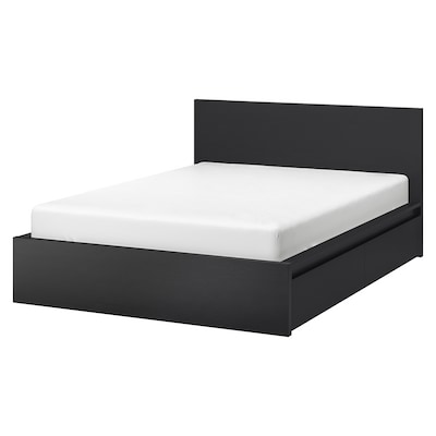 MALM High bed frame/2 storage boxes, black-brown/Luröy, Queen