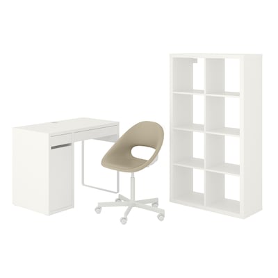 MICKE/ELDBERGET / KALLAX Desk and storage combination, and swivel chair white/beige
