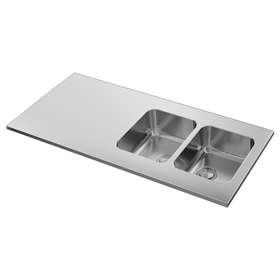 OLOFSJÖN Countertop with 2 integrated sinks, stainless steel, 55 1/8x25 "