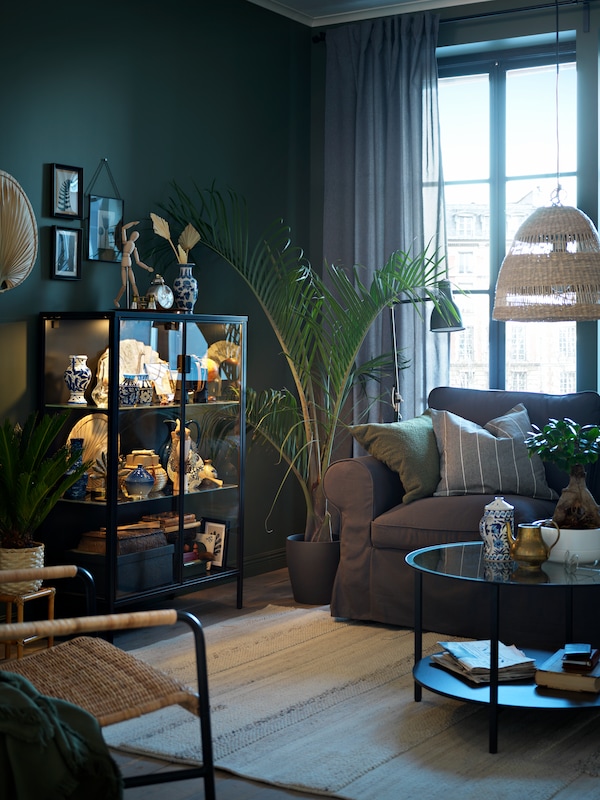 A living room with a gray EKTORP two-seat sofa, a VITTSJÖ coffee table and an anthracite RUDSTA glass-door cabinet.