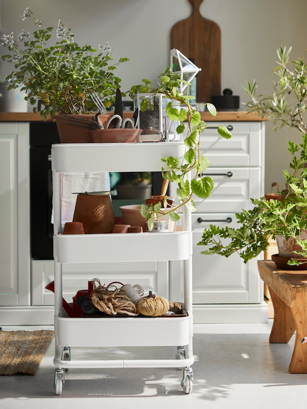 A RÅSKOG kitchen cart with three shelves on wheels holds plants, pots, twine and other gardening tools.