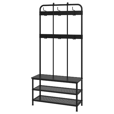 PINNIG Coat rack with shoe storage bench, black, 76x14 5/8x35 3/8 "