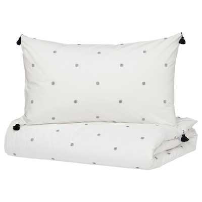 RÄVTÖREL Duvet cover and pillowcase(s), white/black, Double/Queen