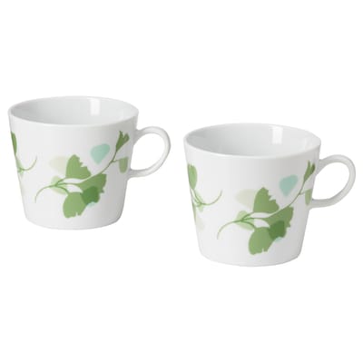 STILENLIG Mug, leaf patterned white/green, 11 oz
