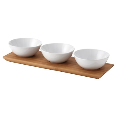 TYNGDLÖS Tray with 3 bowls, bamboo/white