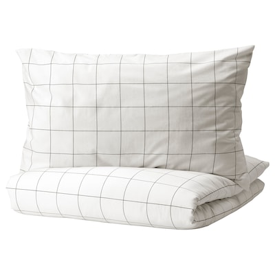 VITKLÖVER Duvet cover and pillowcase(s), white black/check, Full/Queen (Double/Queen)